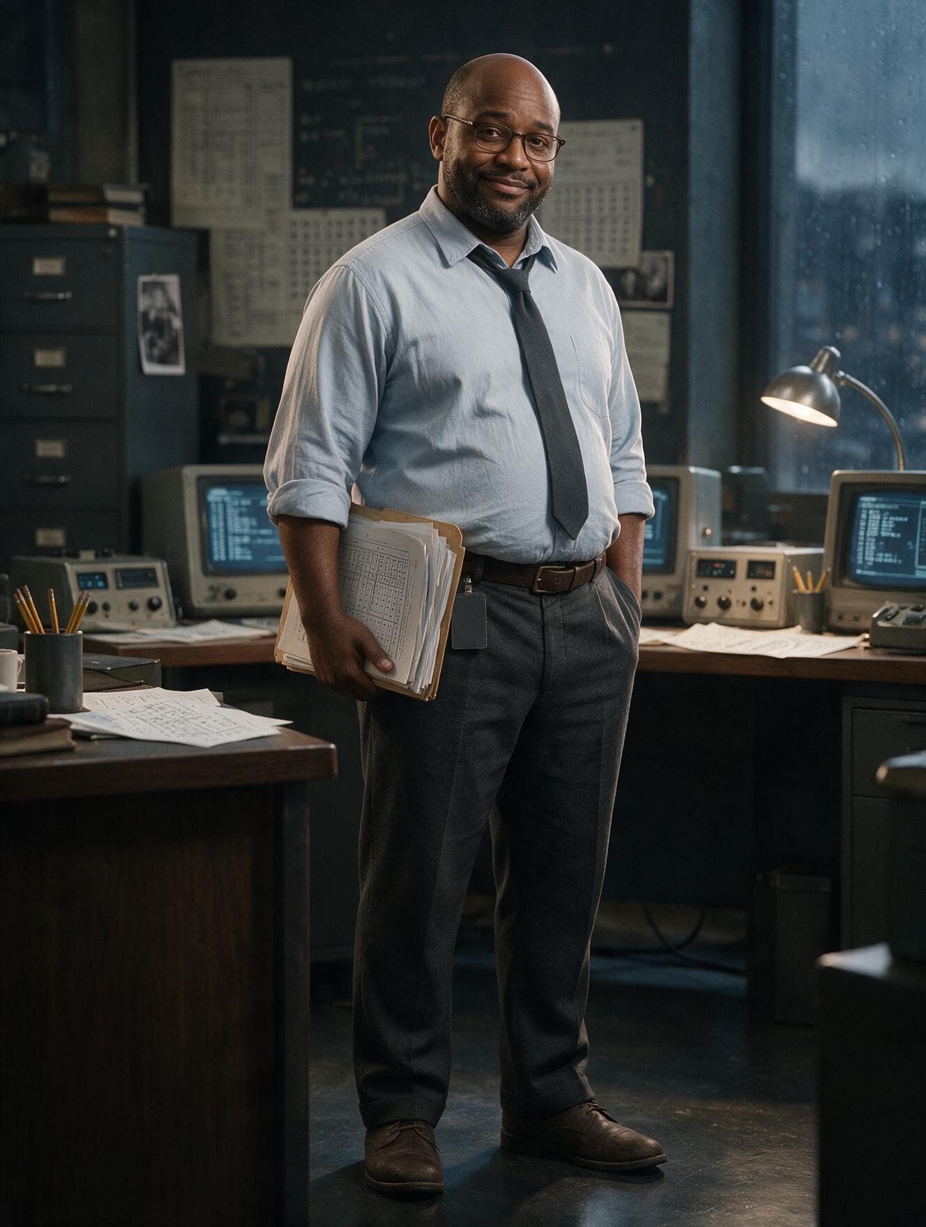 An office worker holding a stack of files among desks and terminals