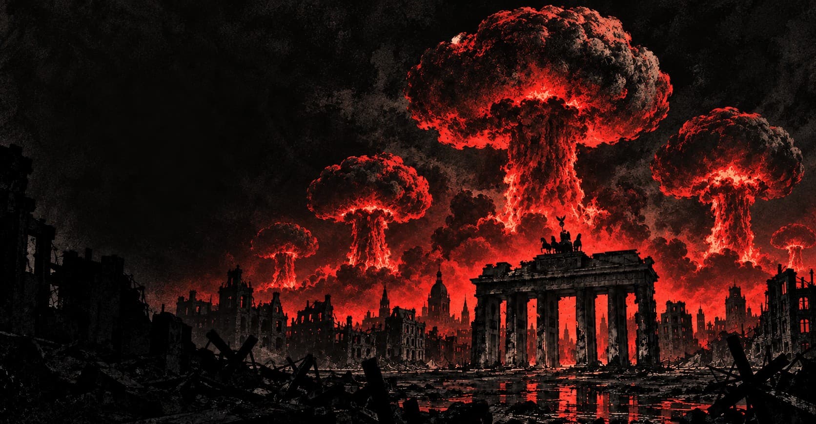 Mushroom clouds over the ruins of Berlin and the Brandenburg Gate