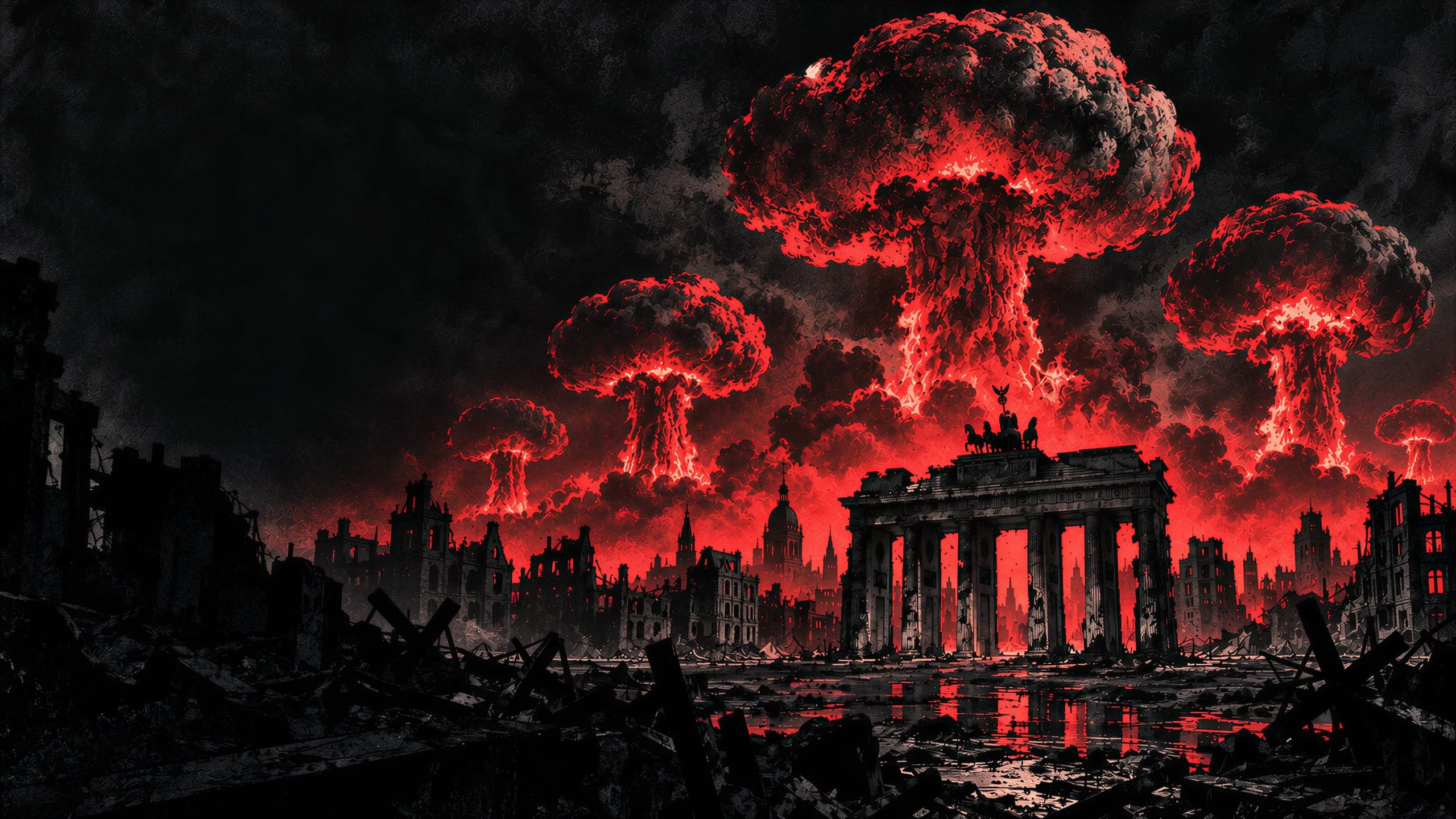 Berlin in ruins under a sky of atomic mushroom clouds, the Brandenburg Gate black against the fire