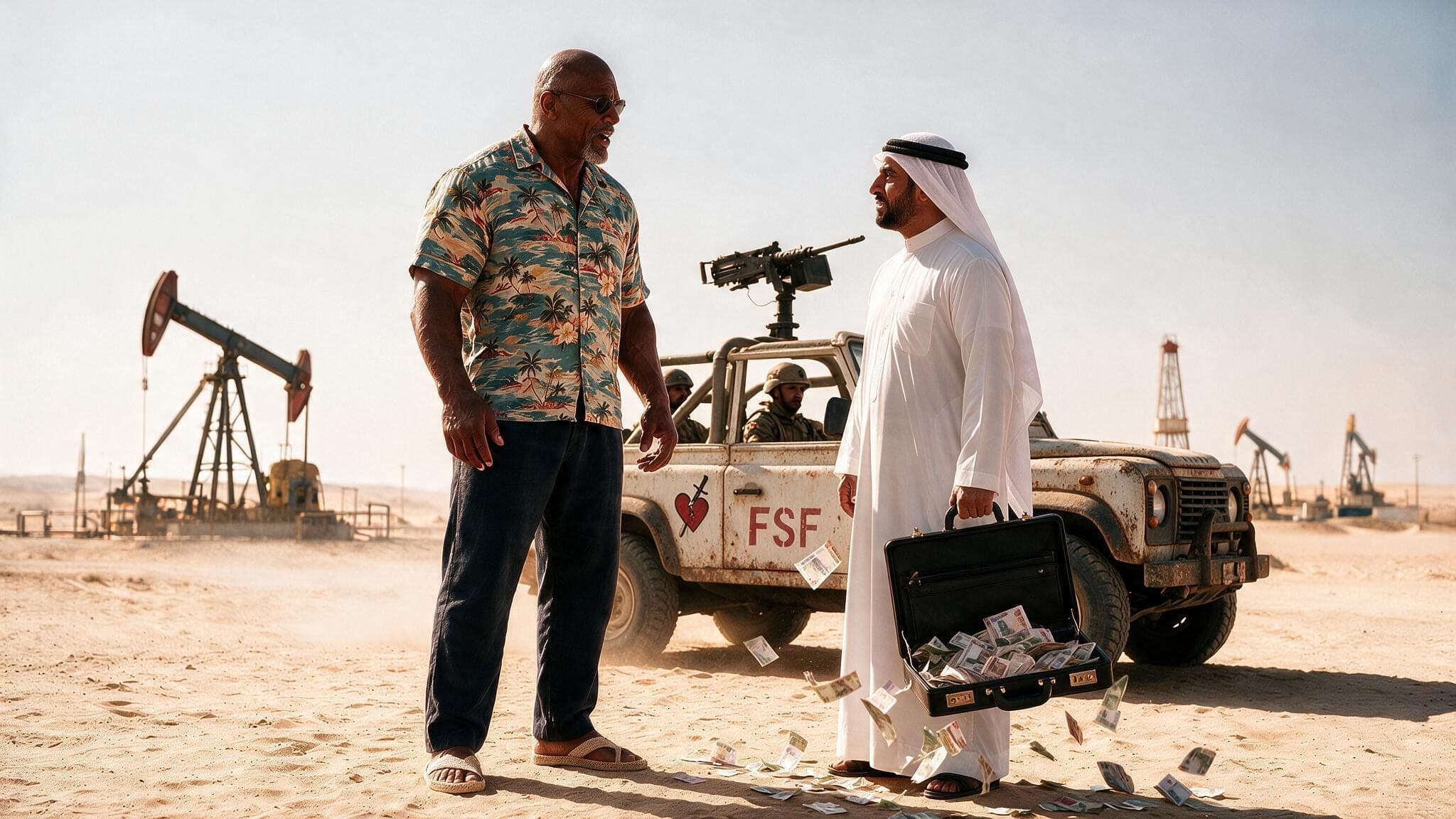 Joseph Brute and a sheikh beside an armed truck in the desert, a case of cash spilling open