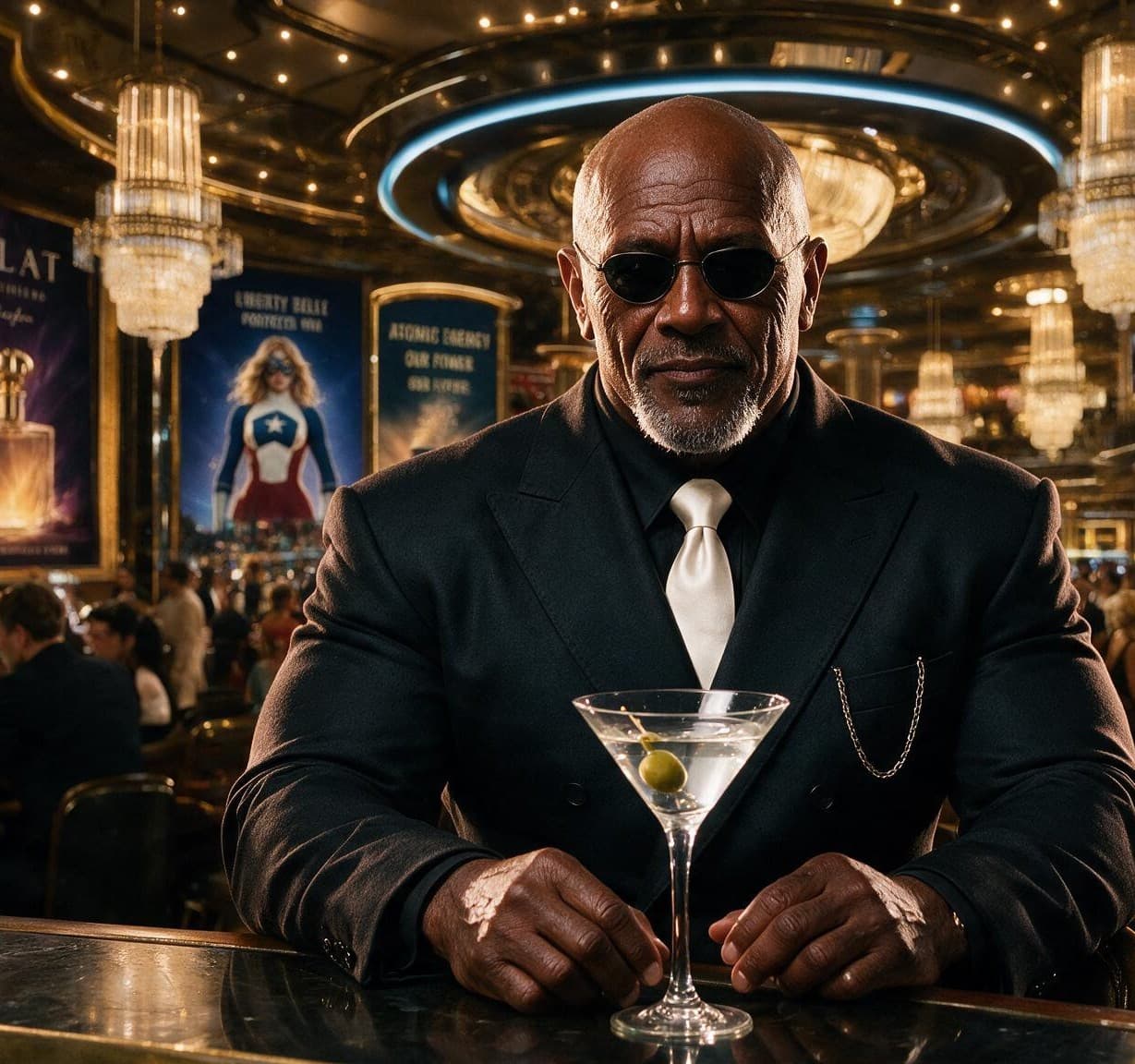 Joseph Brute at a casino bar in dark glasses, a martini in front of him