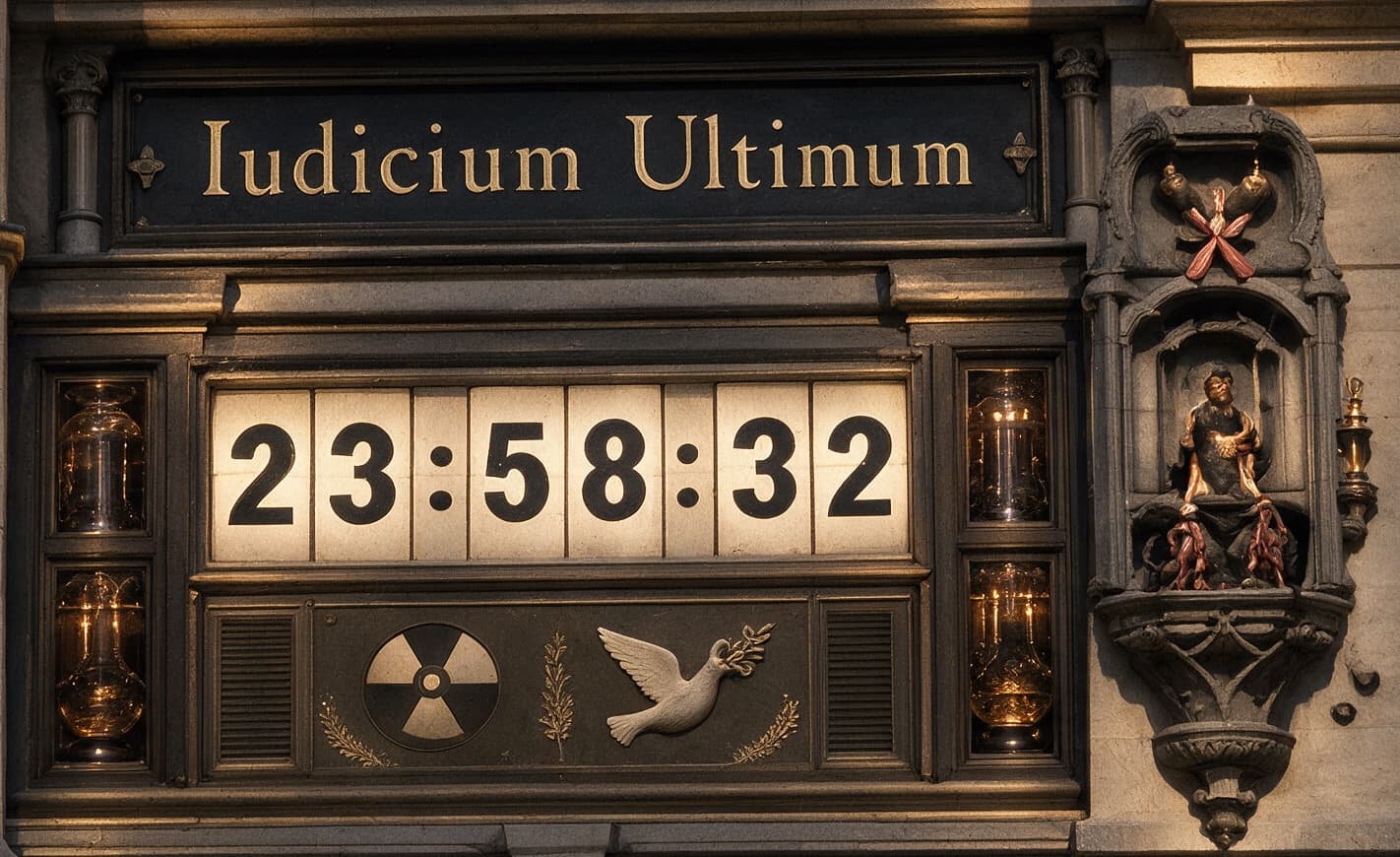 The Doomsday Clock's flip display reading 23:58:32 above a radiation trefoil and a dove