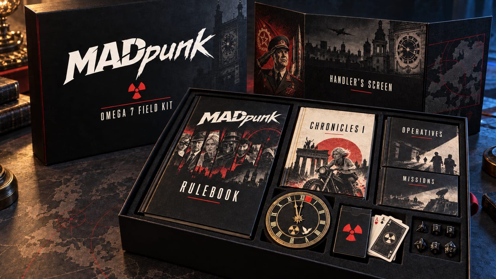 The Omega 7 Field Kit laid open: books, Handler's screen, Doomsday Clock, poker deck and dice