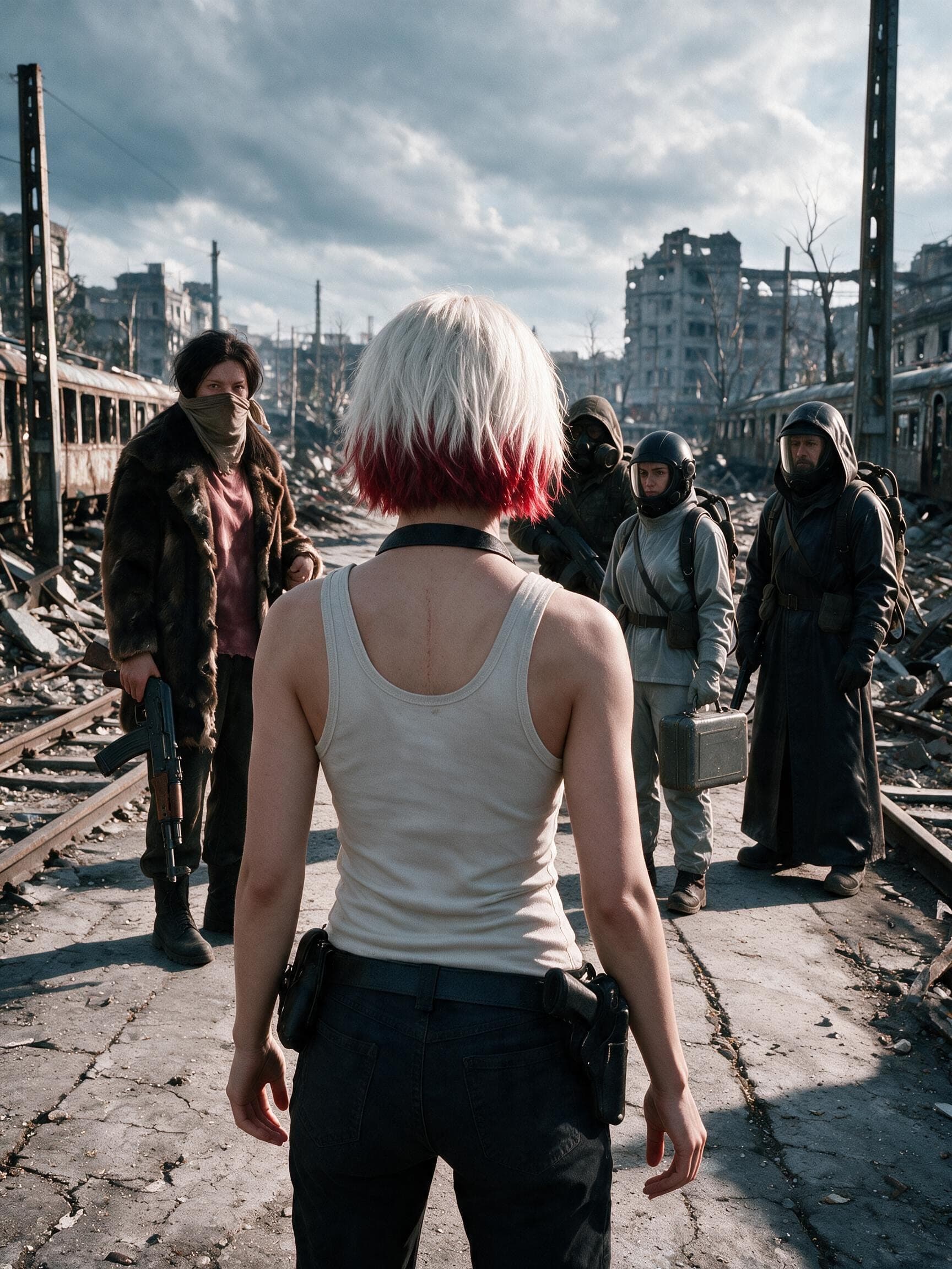 Mara Sterling, seen from behind, meets Berlin Guild smugglers in the ruins