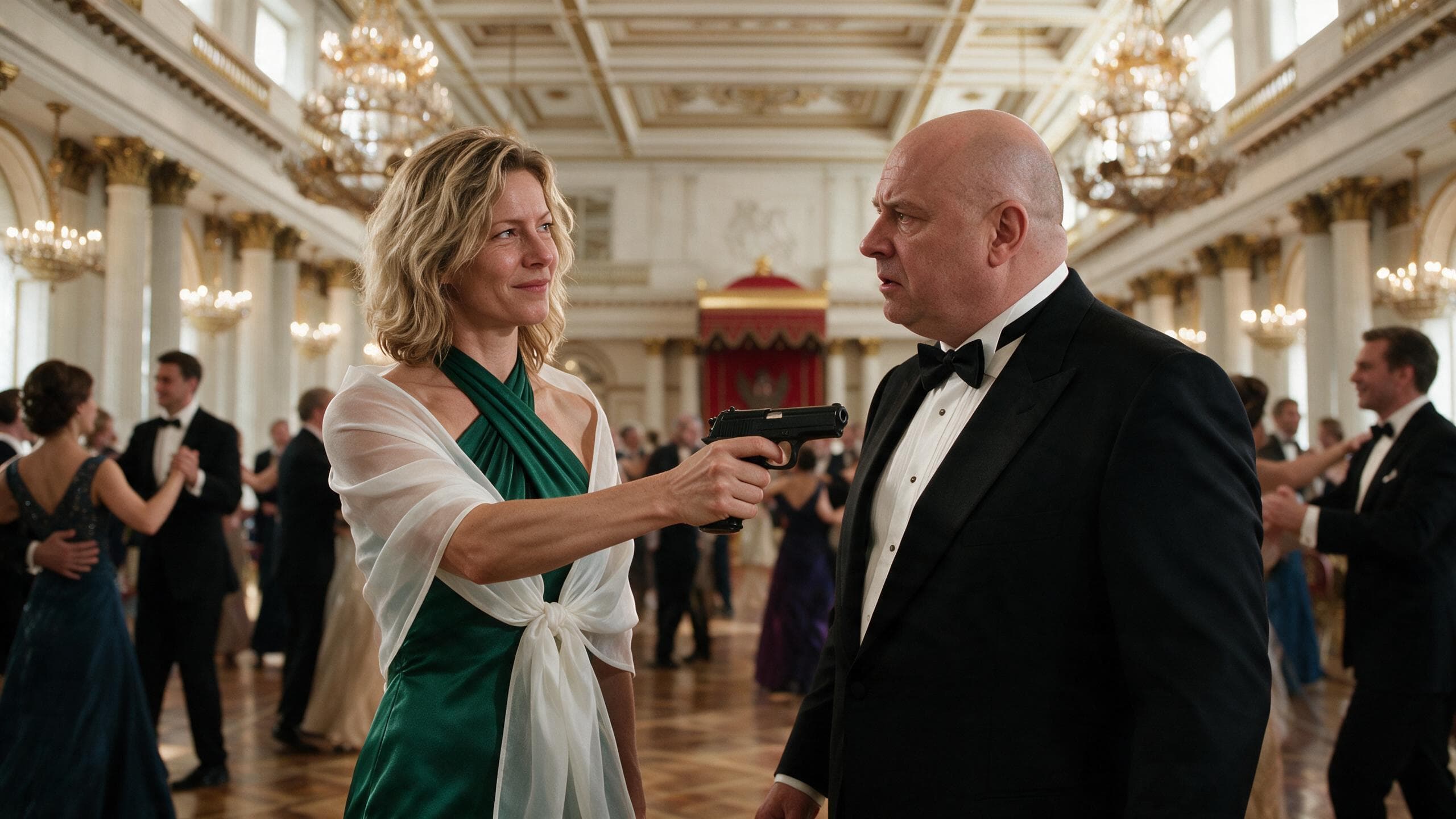 Irina Stalova holds a magnate at gunpoint in the ballroom aboard Mater Zima