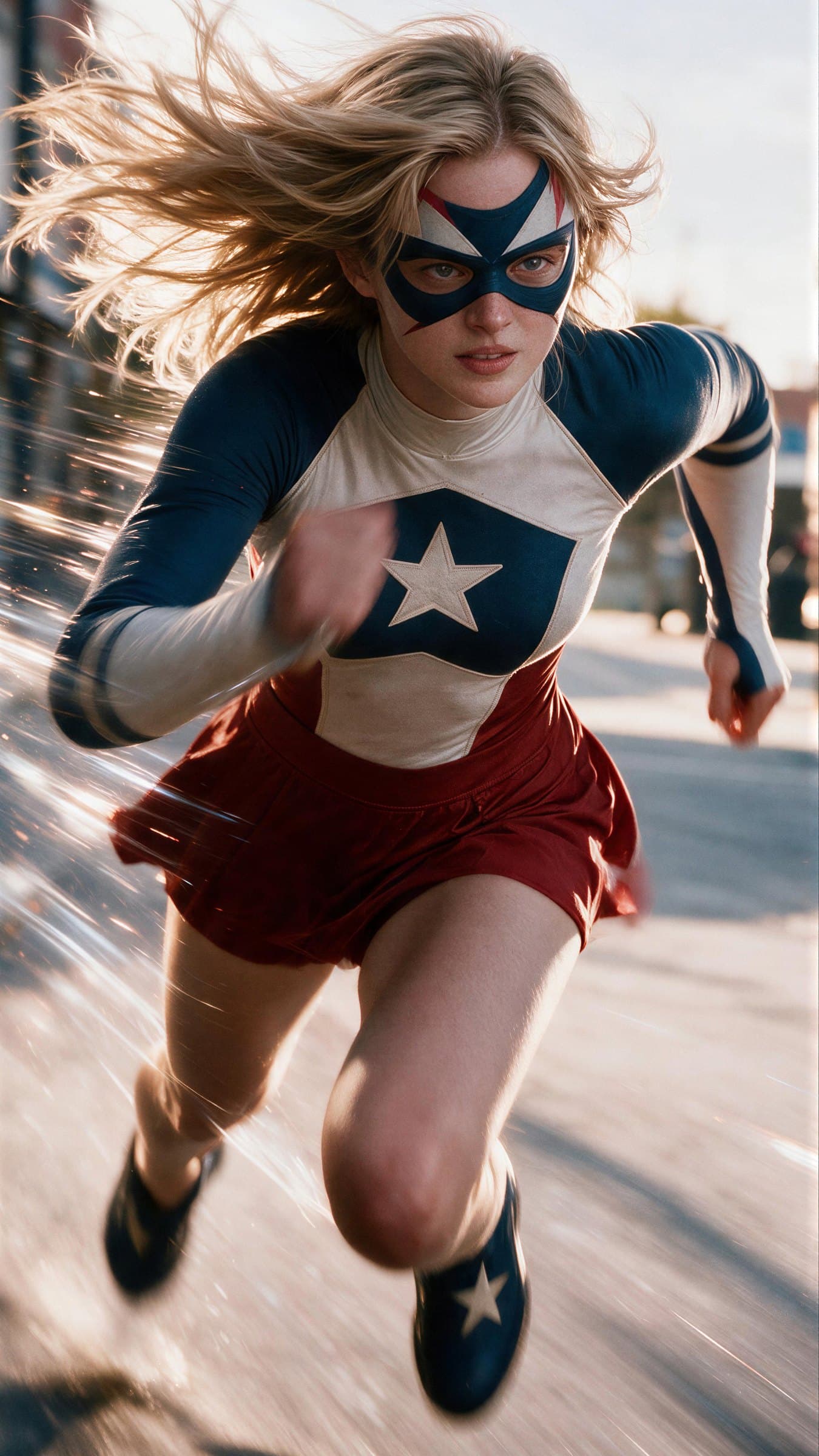 Liberty Belle running down a street in her Everywoman uniform