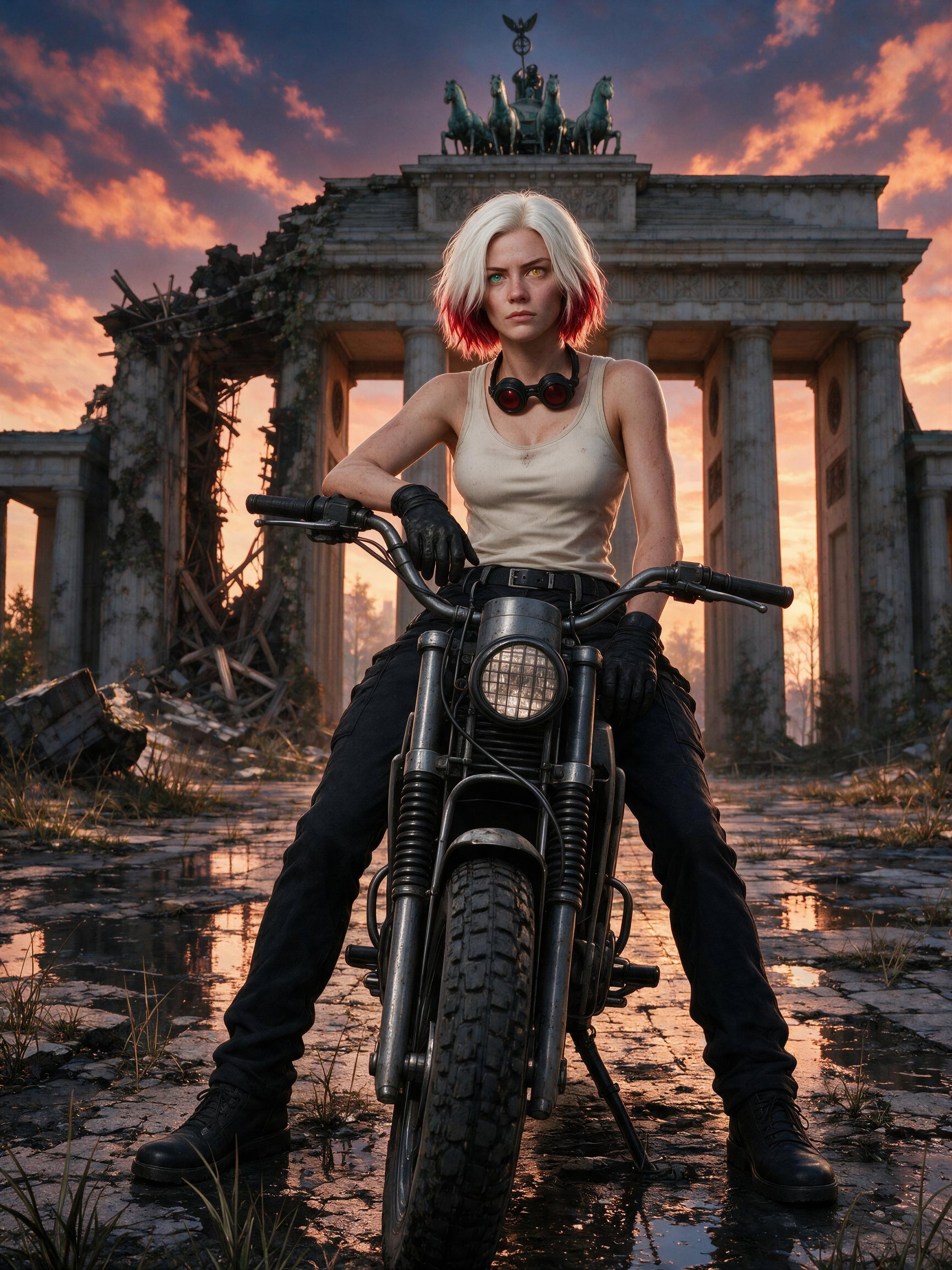 Mara Sterling on a motorbike before the ruined Brandenburg Gate at dusk
