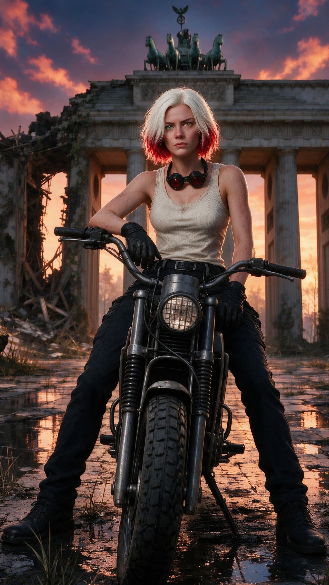 Mara Sterling astride a motorbike before the Brandenburg Gate