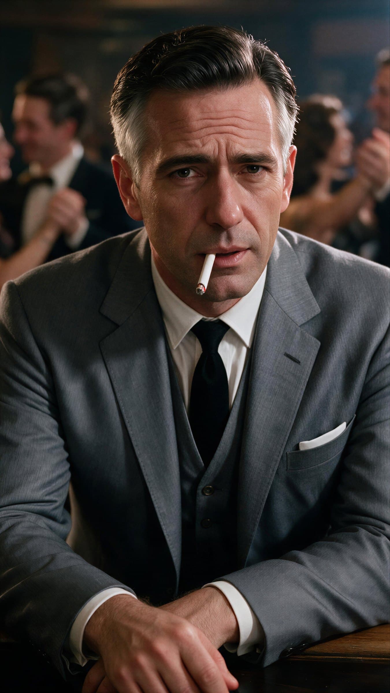 Max Monroe smoking at a table while couples dance behind him