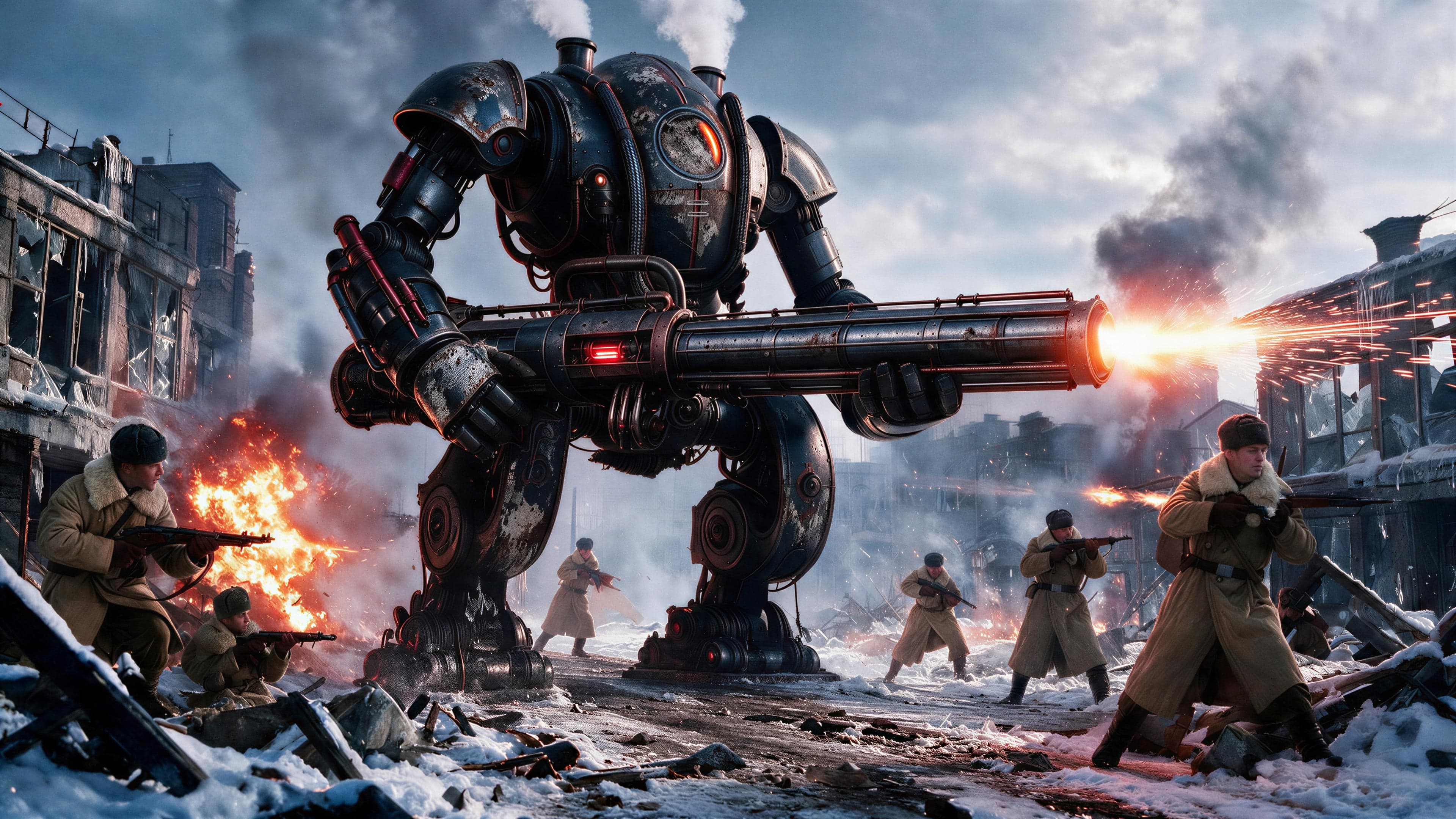 A Red Bloc mecha firing in a ruined street while infantry advance beside it