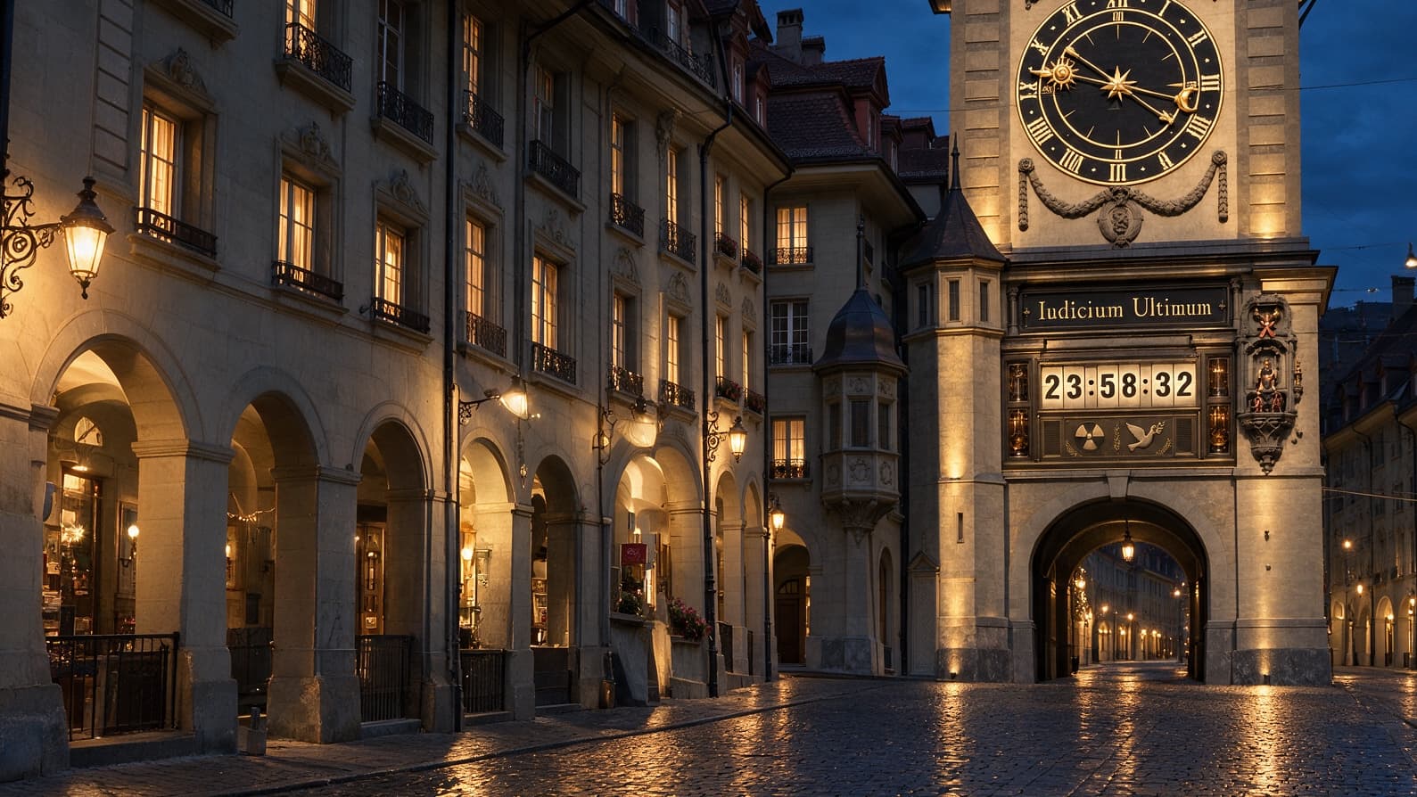 A street in Bern at night, the Doomsday Clock lit on the Midnight Tower