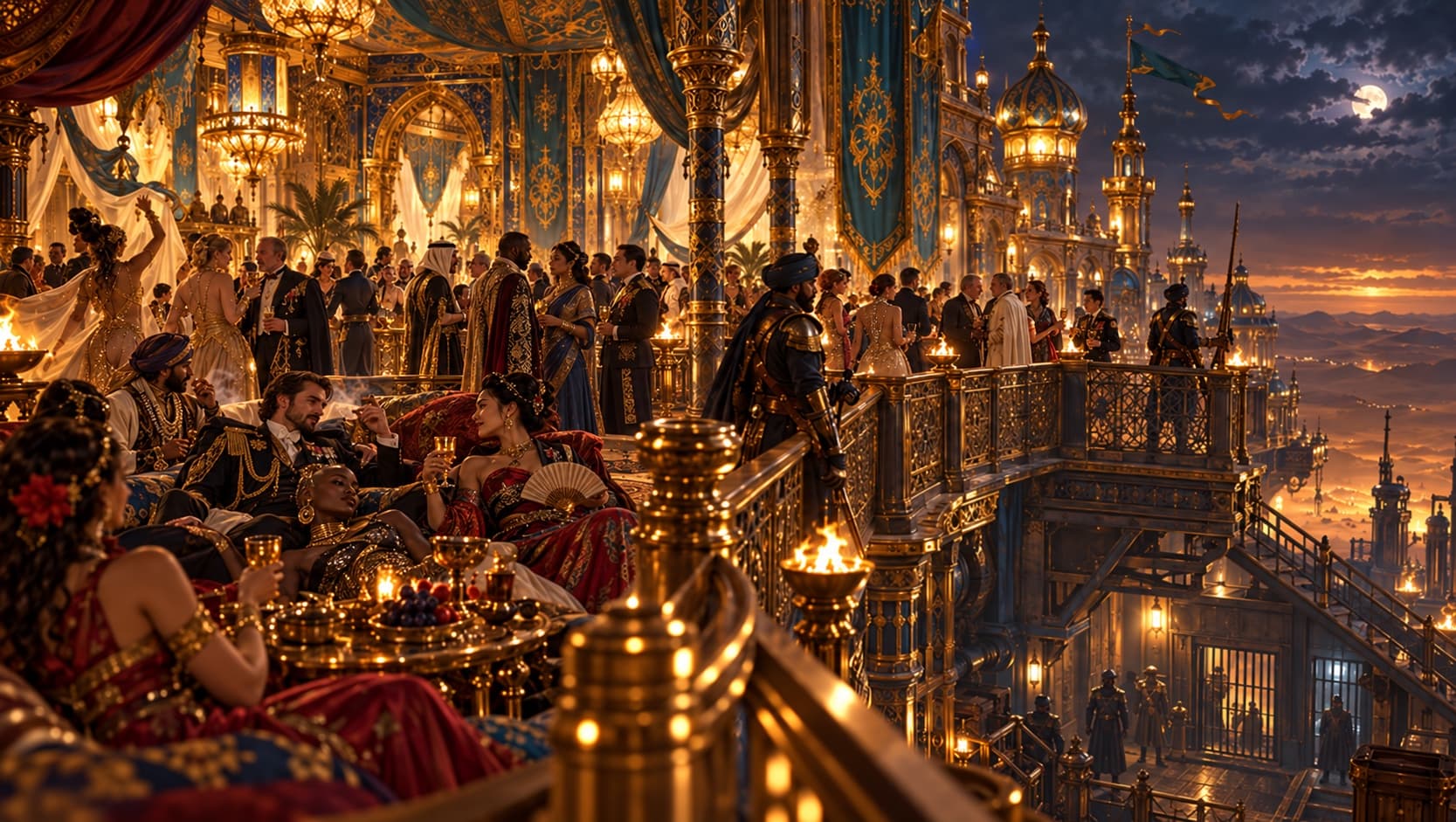 A gilded feast aboard the Leviathan Jabal Alasid under a desert moon
