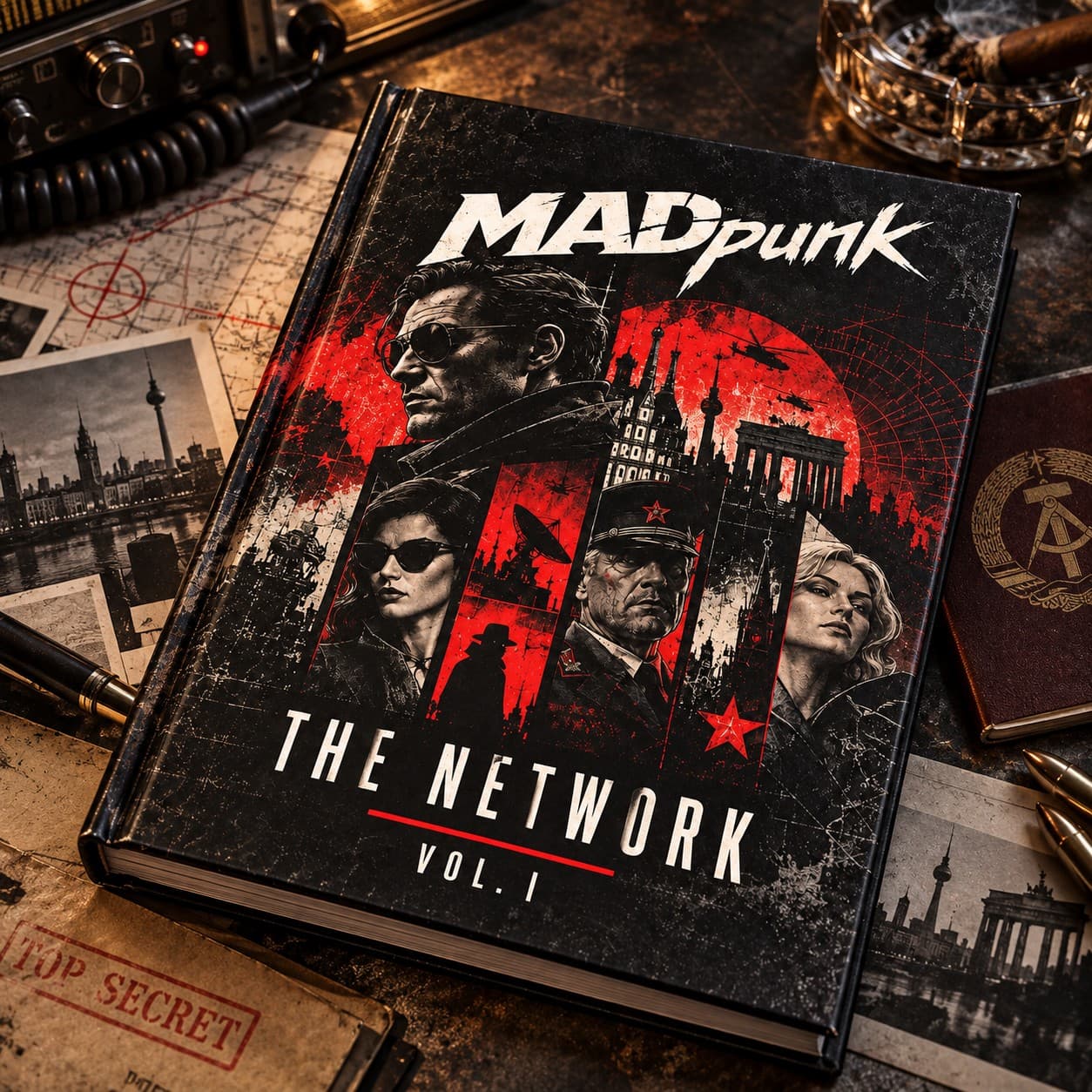 The Network, Volume I: a hardback among maps, photographs and a passport