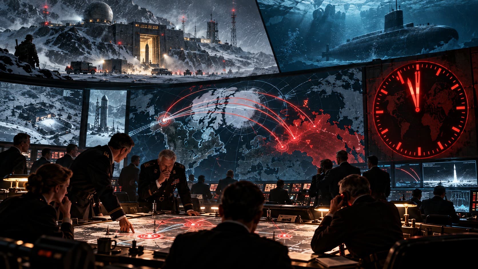 A command room under wall maps of missile tracks, a red clock near midnight