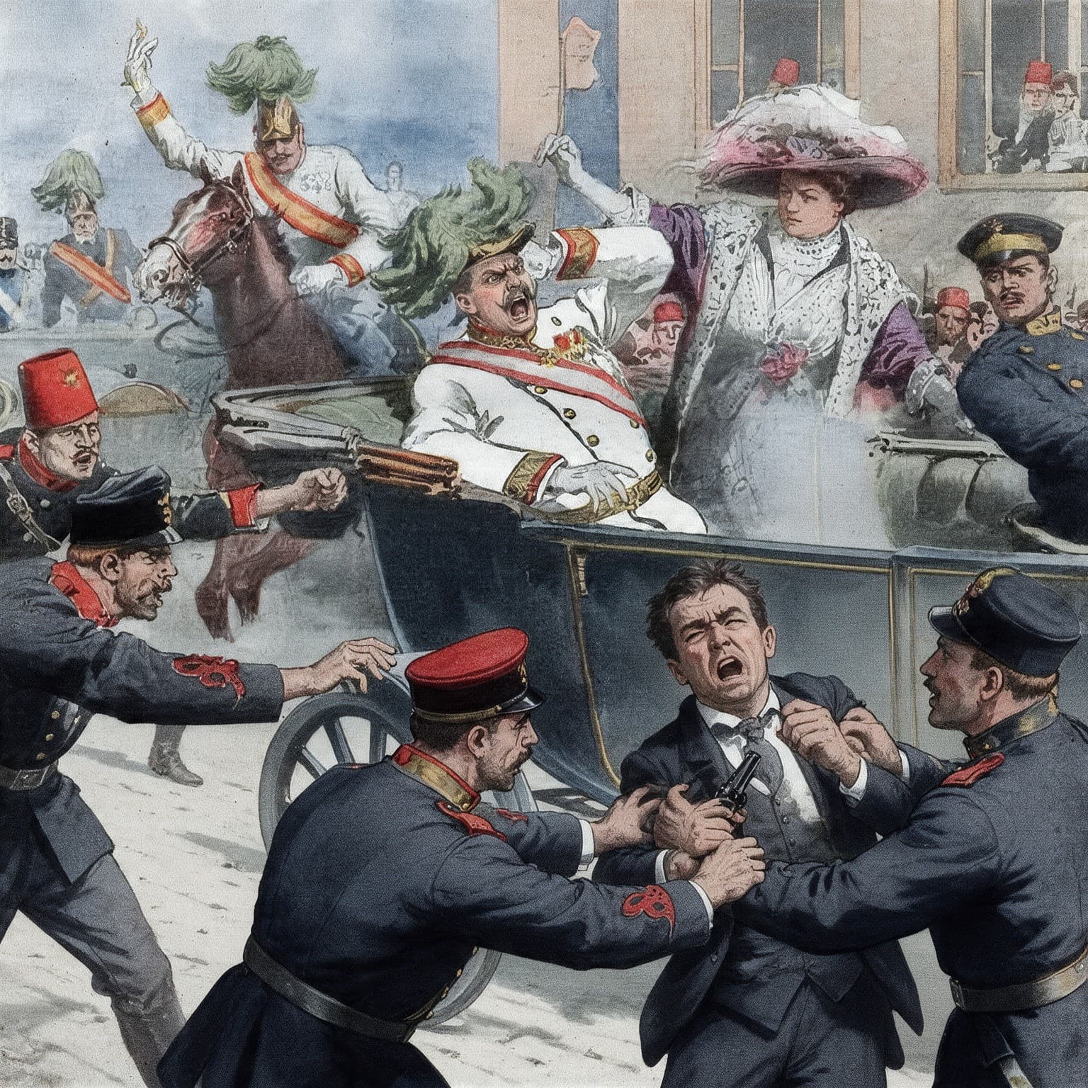 Sarajevo, 1914: officers seize the gunman beside Archduke Franz Ferdinand's open car