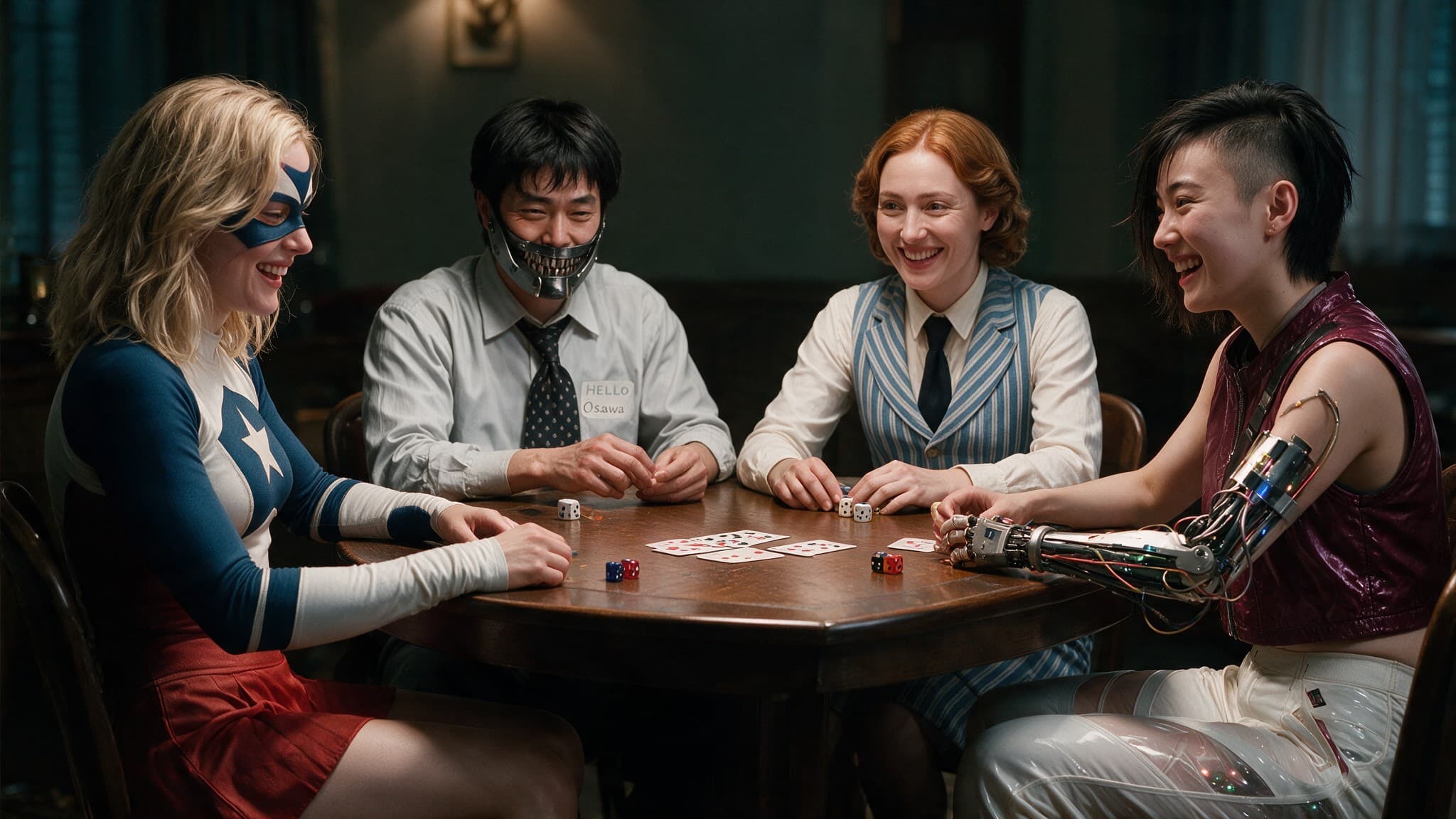 Four operatives laughing over cards and dice at a table