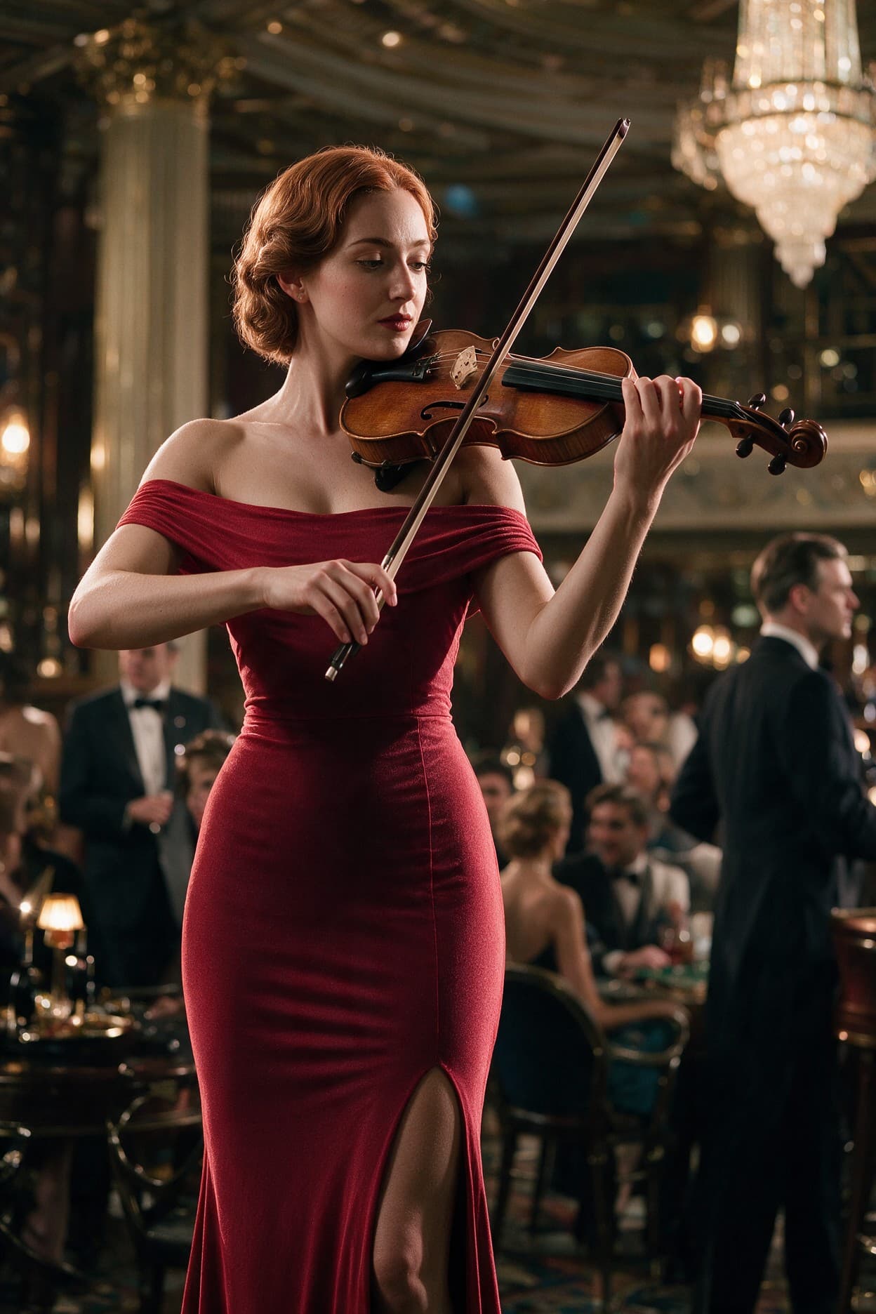 Vera Volskaya in a red dress playing violin at the casino